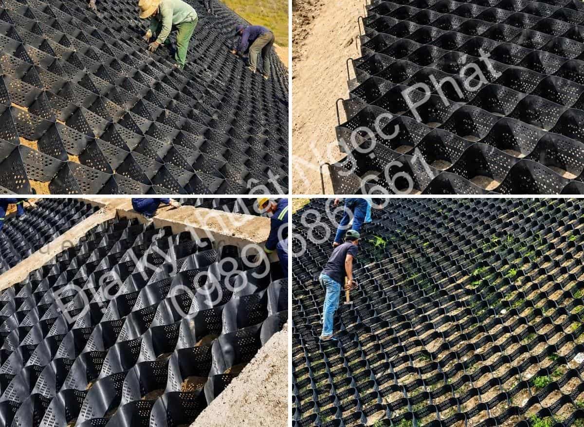 Ô địa kỹ thuật Geocell gia cố mái dốc trồng cỏ mái kênh đổ bê tông chất lượng giá hợp lý
