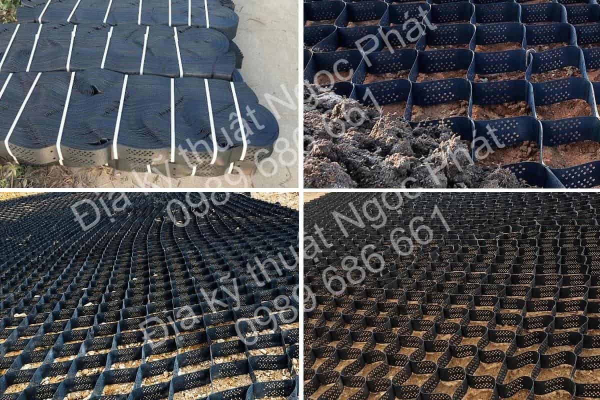 Ô địa kỹ thuật Geocell là hệ thống các dải nhựa HDPE hàn liên kết căng trải trên mái dốc mái kênh nền đường tạo độ ổn định