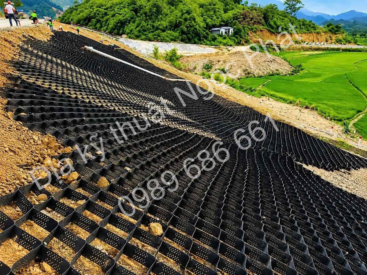 Ô địa kỹ thuật geocell gia cố mái taluy đổ đất trồng cỏ