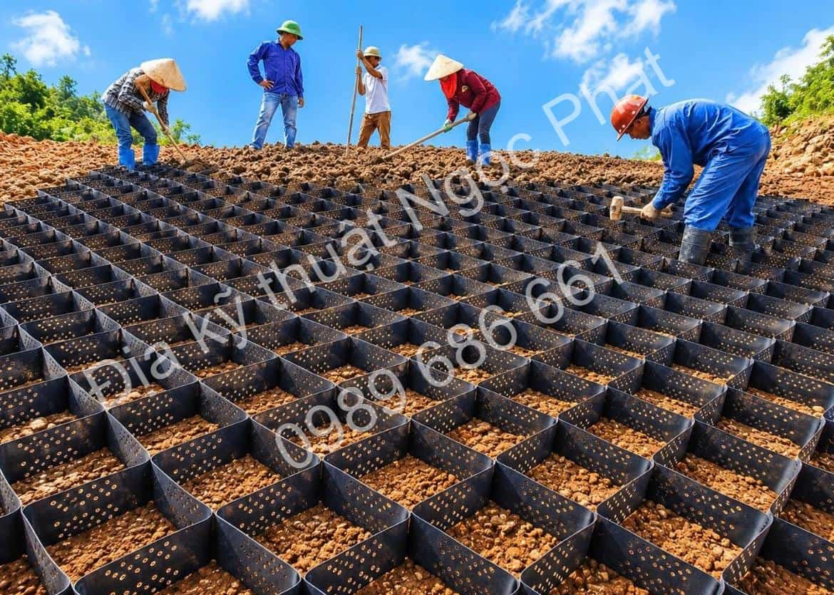 Thi công ô địa kỹ thuật geocell trên mái dốc chèn đất